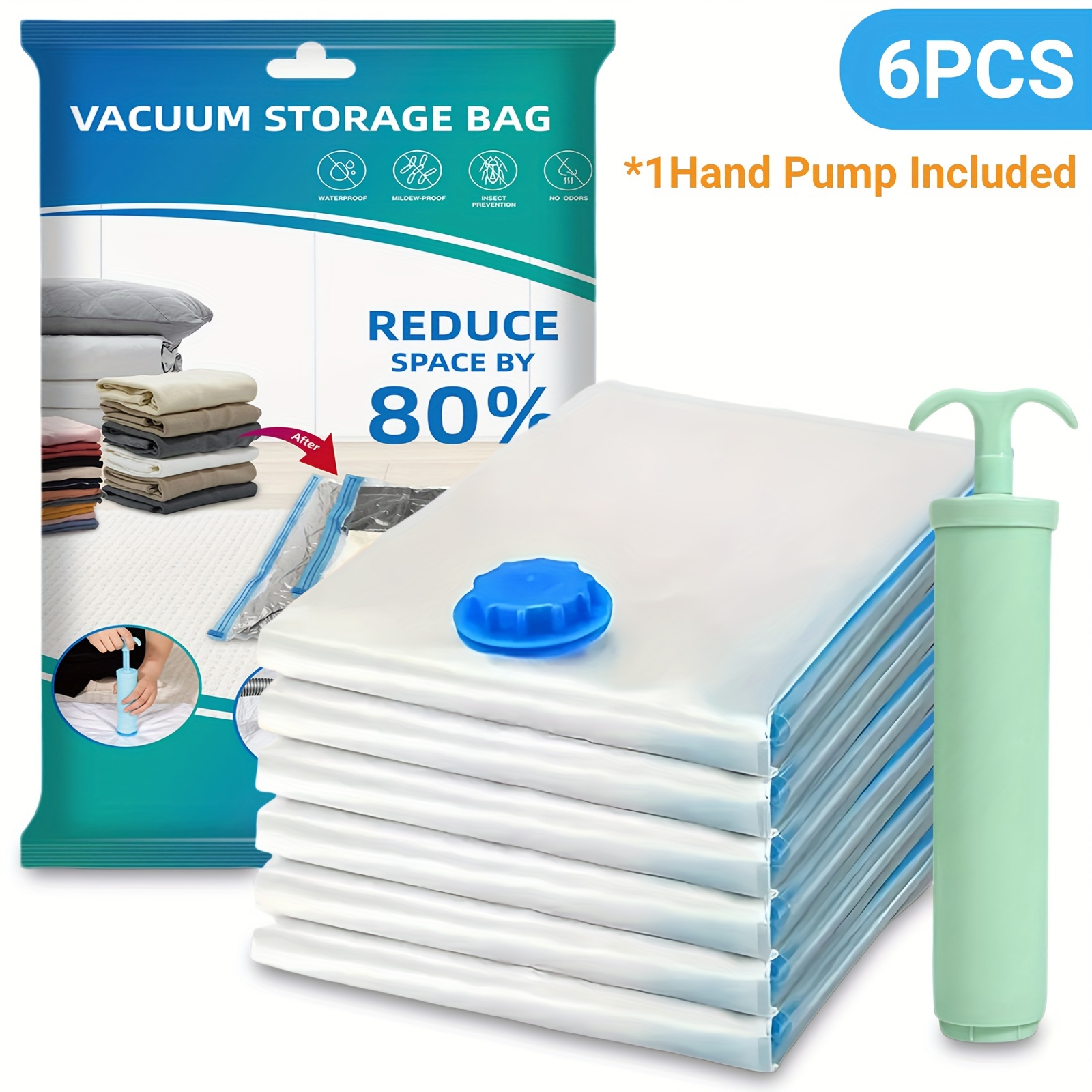 

6-piece Vacuum Storage Bags With Hand Pump - Space Saver For Quilts, Blankets & Clothes, Zip Closure, No Power Needed Storage Bags With Zipper Reusable Ziplock Bags