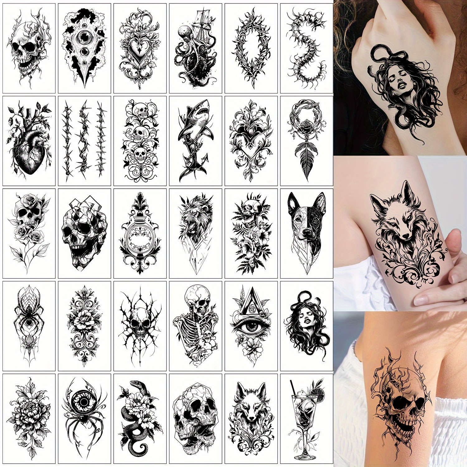   temporary tattoo stickers suitable for men and women black heart skull spider   heart eye   floral and other mixed style patterns body arm art makeup   tattoo stickers waterproof and lasting 2 5 days