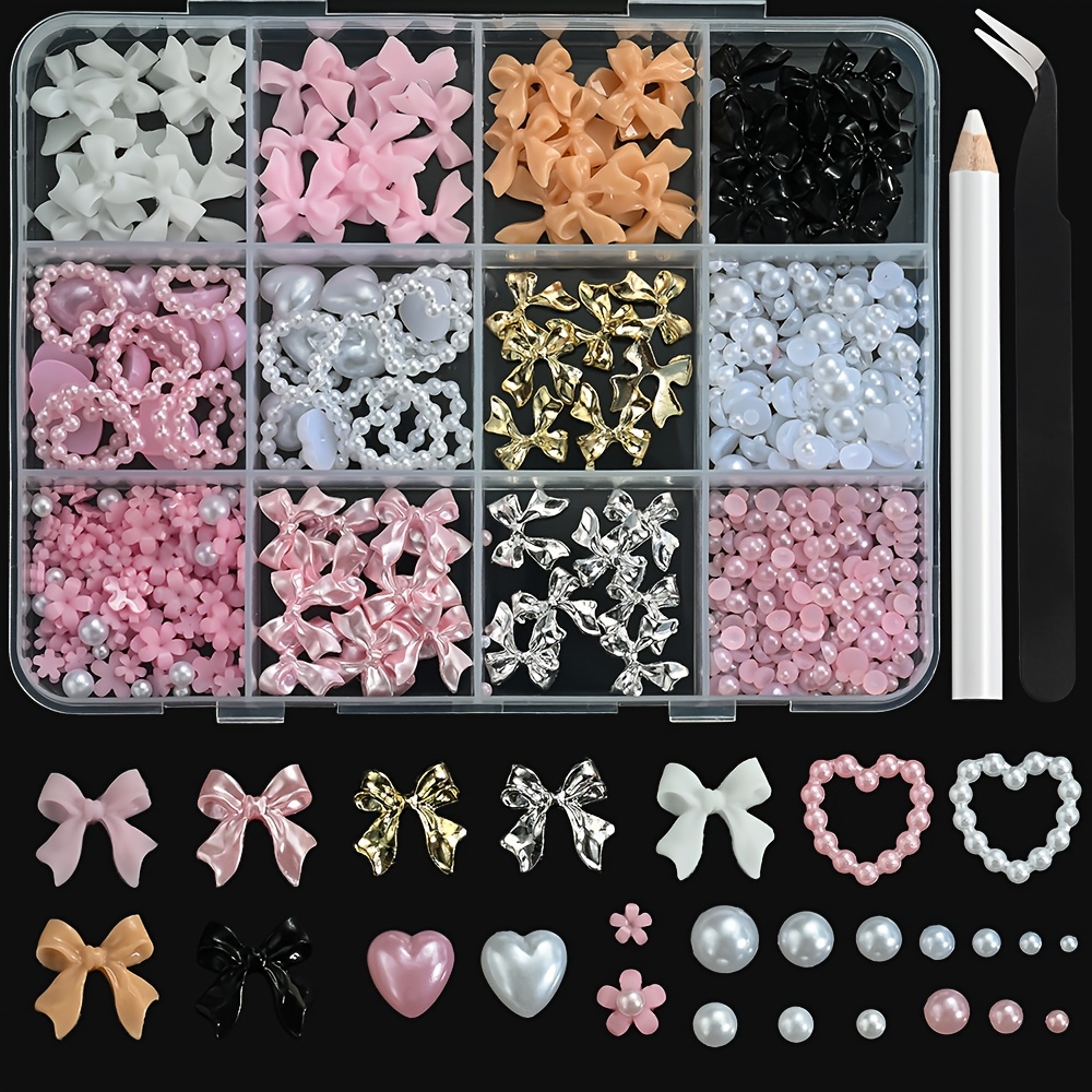 12 Grids 3d Nail Art Decoration Kit With Resin Bows - Flat Back Pearls Set, Assorted Bow Decorations, Hollow Heart Rhinestones, Heart Beads For 3d Nail Design, Unscented Craft Embellishments For
