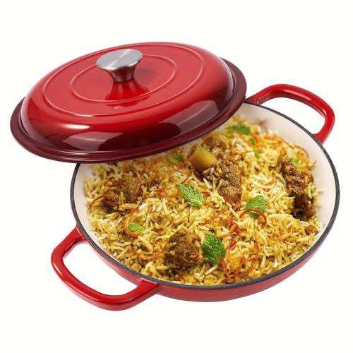 3 quart enameled shallow cast iron dutch oven with lid dual handles dutch pots for cooking heavy duty nonstick oven to 500 f works on all stovetops red