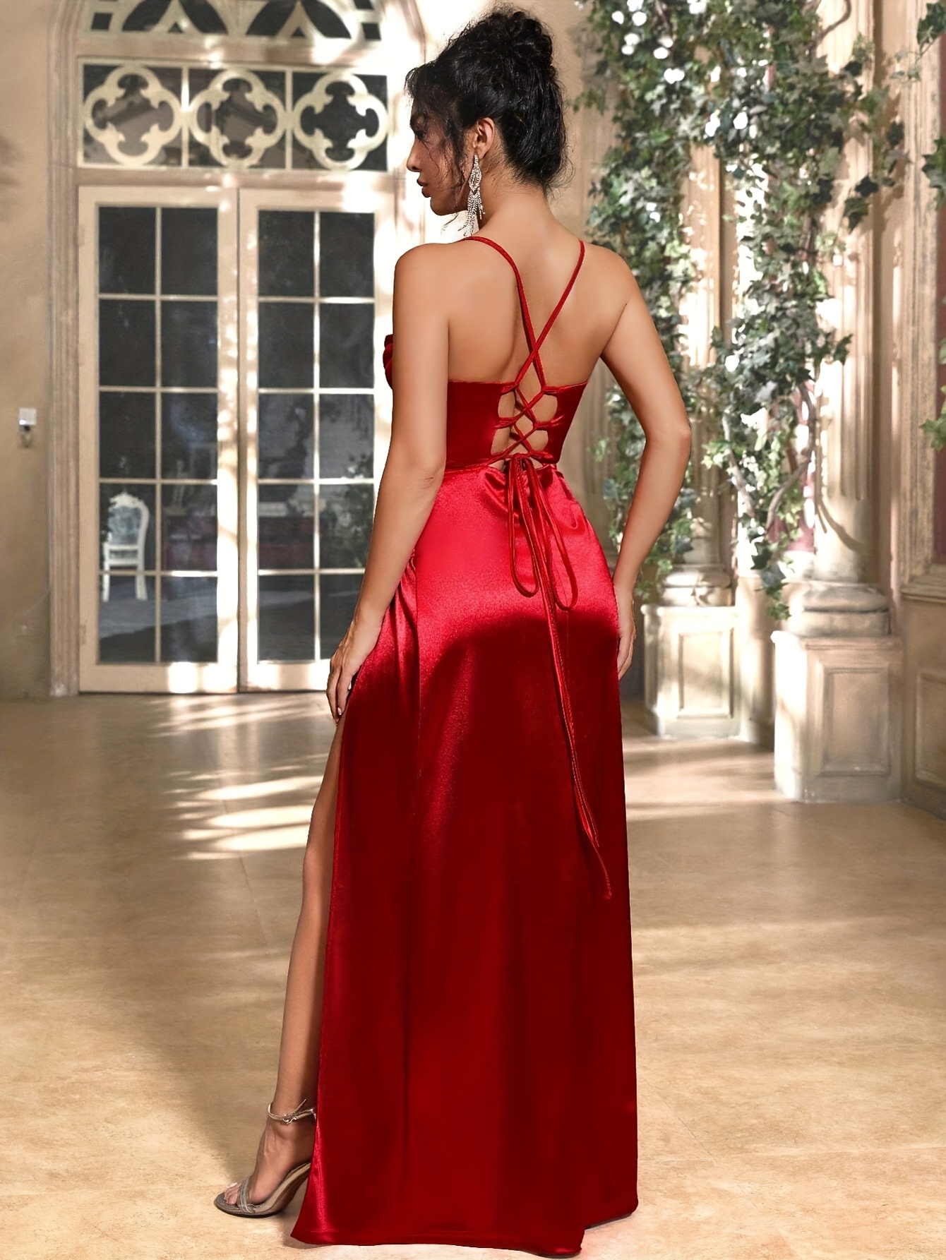 red satin oriental lace up back bodycon dress Red Backless Bodycon Maxi Dress: Elegant Prom Bridesmaid Gown