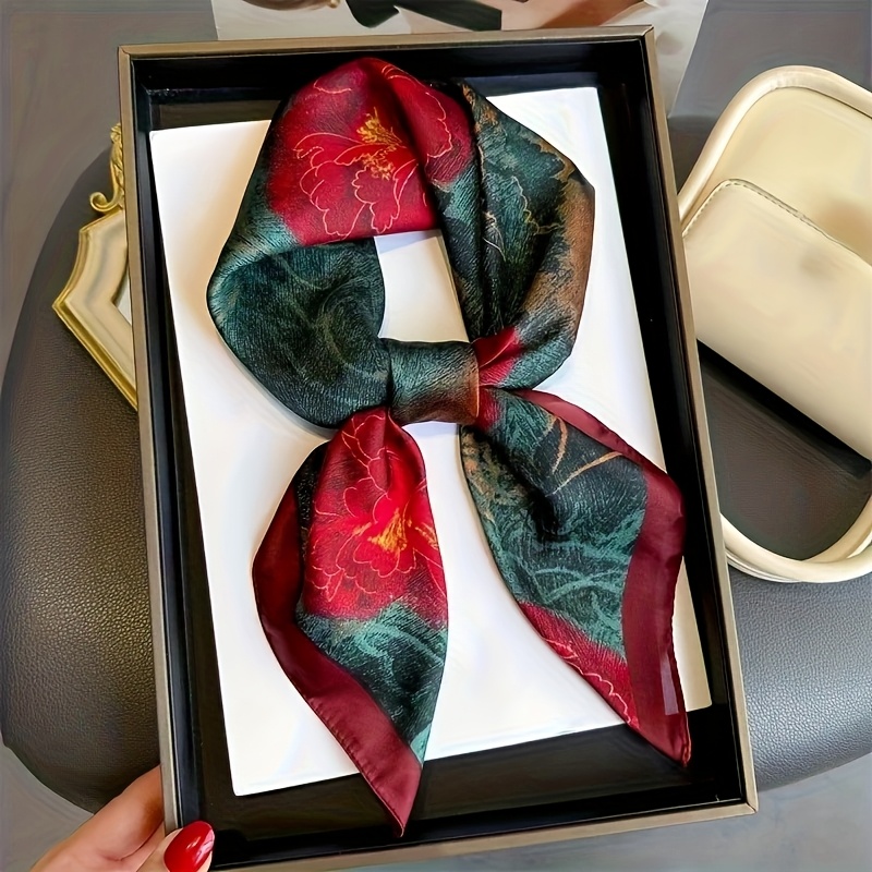 TEMU Retro Printed Scarf For Women - Soft Lightweight Red Printed Headscarf With Golden Accents, Multi-functional Neck Accessory And Casual Travel
