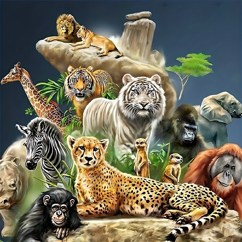 

Kit de peinture diamant 5D avec lions, tigres et mosaïque d'animaux - Artisanat de safari de la faune pour la décoration murale de bureau à domicile, ensemble d'artisanat - 40x40cm