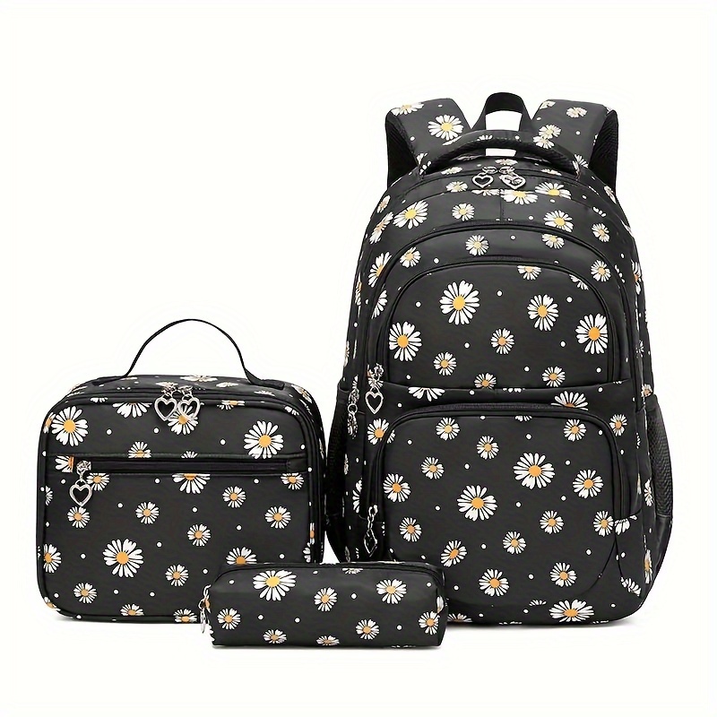 Image of Chrysanthemum Pattern Backpack, 3pcs Set With Handbag, Gift For , Fashionable And Minimalist Set, For Teenager