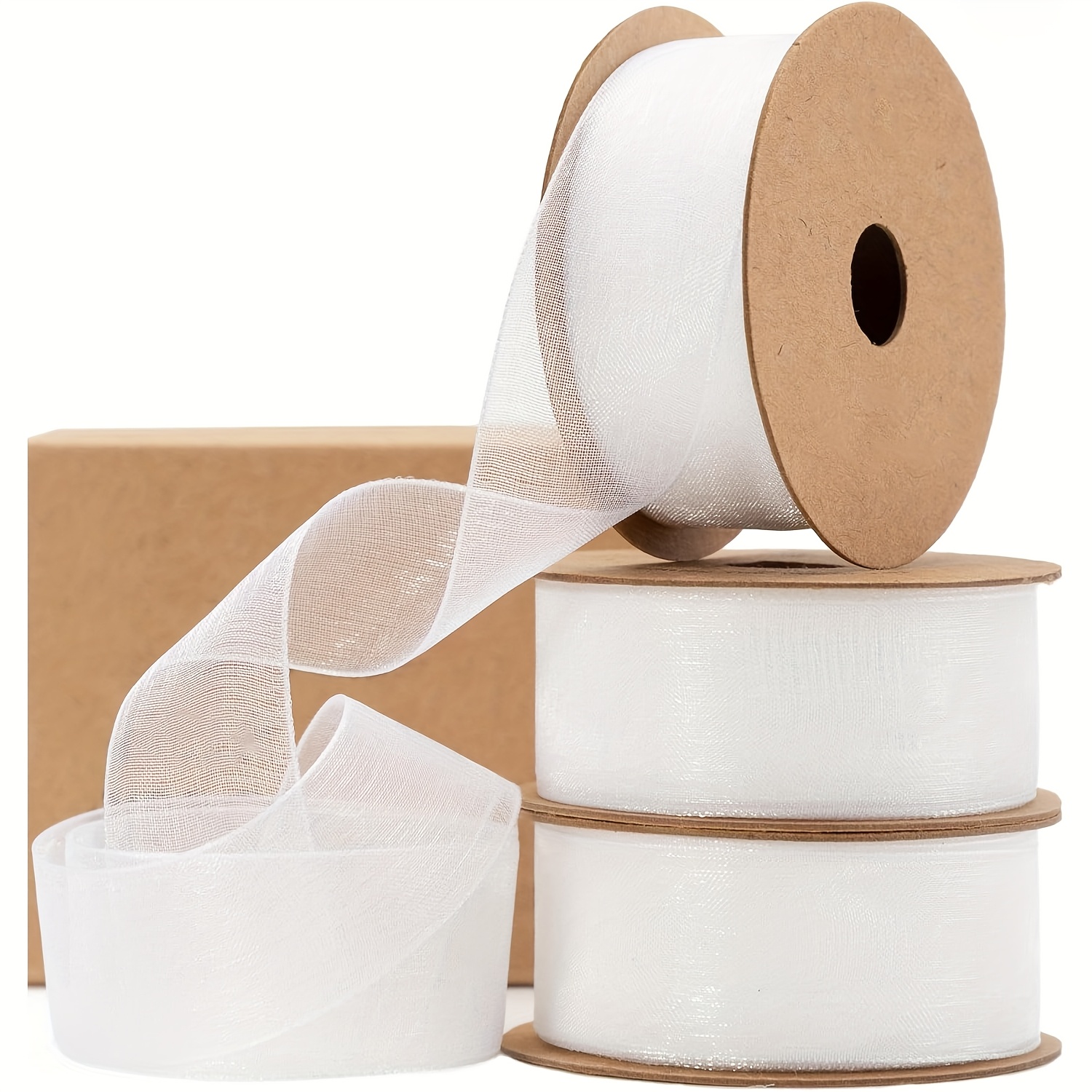 Image of 3 Rolls Of Sheer Ribbon In Cream And Rose Golden, Measuring 1 Inch By 30 Yards, Perfect For Handmade Gifts, Christmas Decorations, Bows, Wedding Invites, And Wreaths In A Peach Color