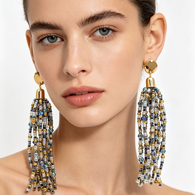 Bohemian Beaded Tassel Fringe Dangle Earrings