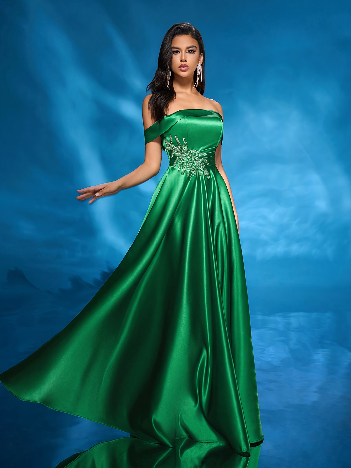 slim fit dress slacks Off Shoulder Emerald Green Satin Long Prom Dress with High Slit, Off t –  abcprom main image 1