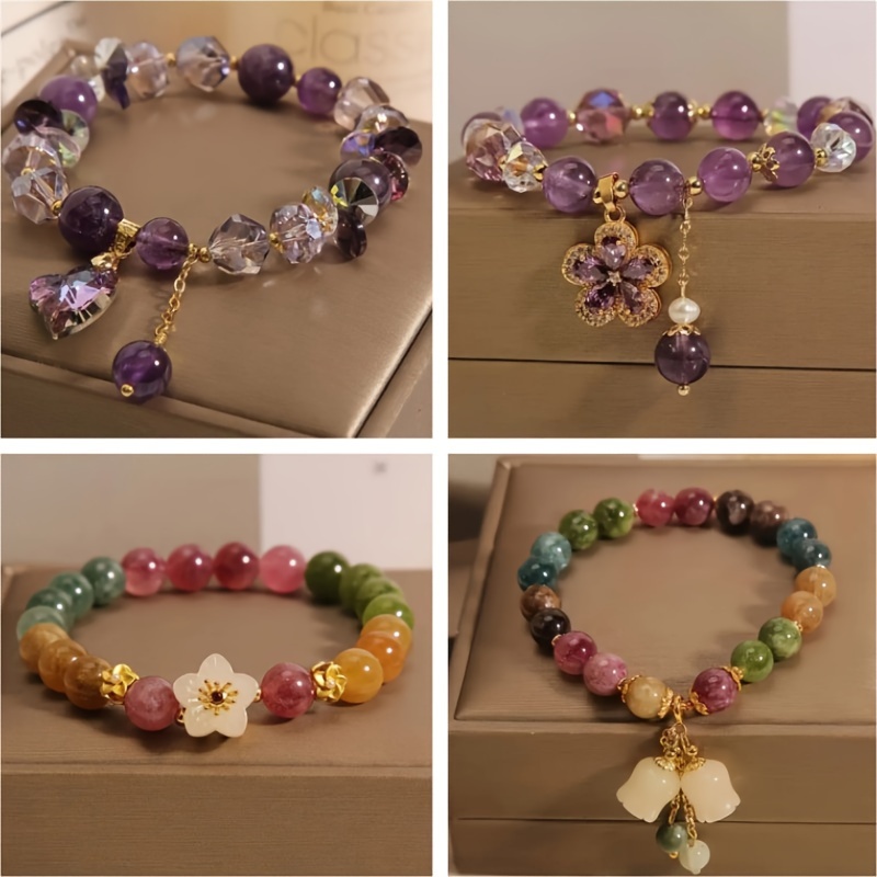 

4pcs/set Retro Fashion Artificial Crystal Beaded Bracelet With Flower Pendant Bracelet, Retro Handmade Jewelry, Very Suitable For Women, Best Choice For Gifts