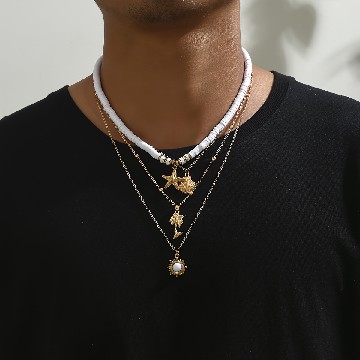 

1pc Bohemian Style Starfish Scallop Sun Coconut Tree Shape Pendant Necklace, Multilayer Necklace, Suitable For Men's Vacation And Daily Wear