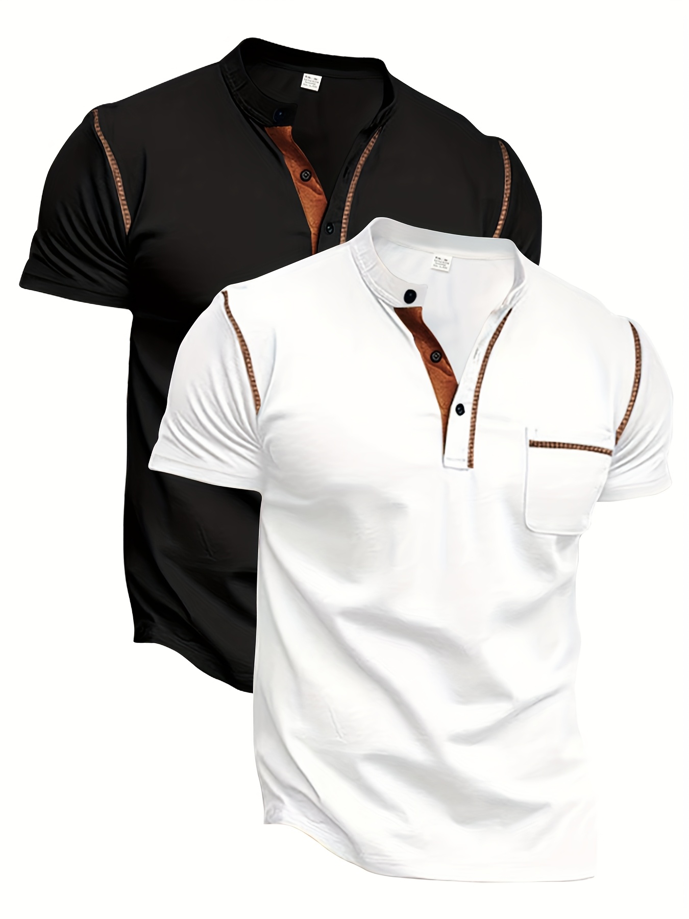 Conjunto de duas peças casual para homem, camiseta, camiseta de manga curta com decote em V e detalhes de botão, camiseta desportiva ajustada.