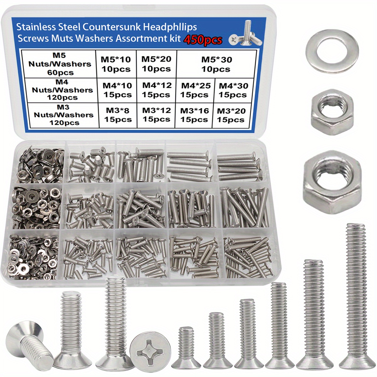 E-shop 450-teiliges Edelstahl Kreuzschlitz Schrauben- und Muttern-Set | M3 M4 M5 Kreuzschlitzschrauben, Maschinenschrauben, Werkzeugsatz mit