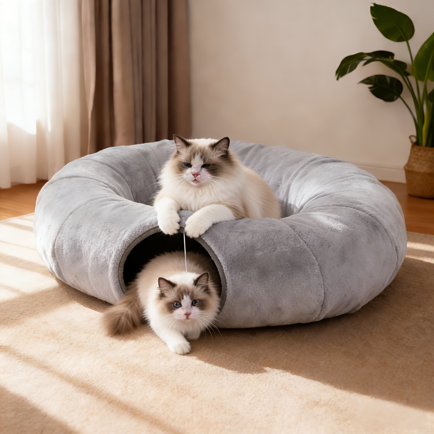 TEMU Bumubi 3-in-1 Plush Cat Tunnel Bed For Indoor Cats, Soft Faux Fur Donut Hideaway With Hanging , Non-slip Bottom, Convertible Round, Curved Or