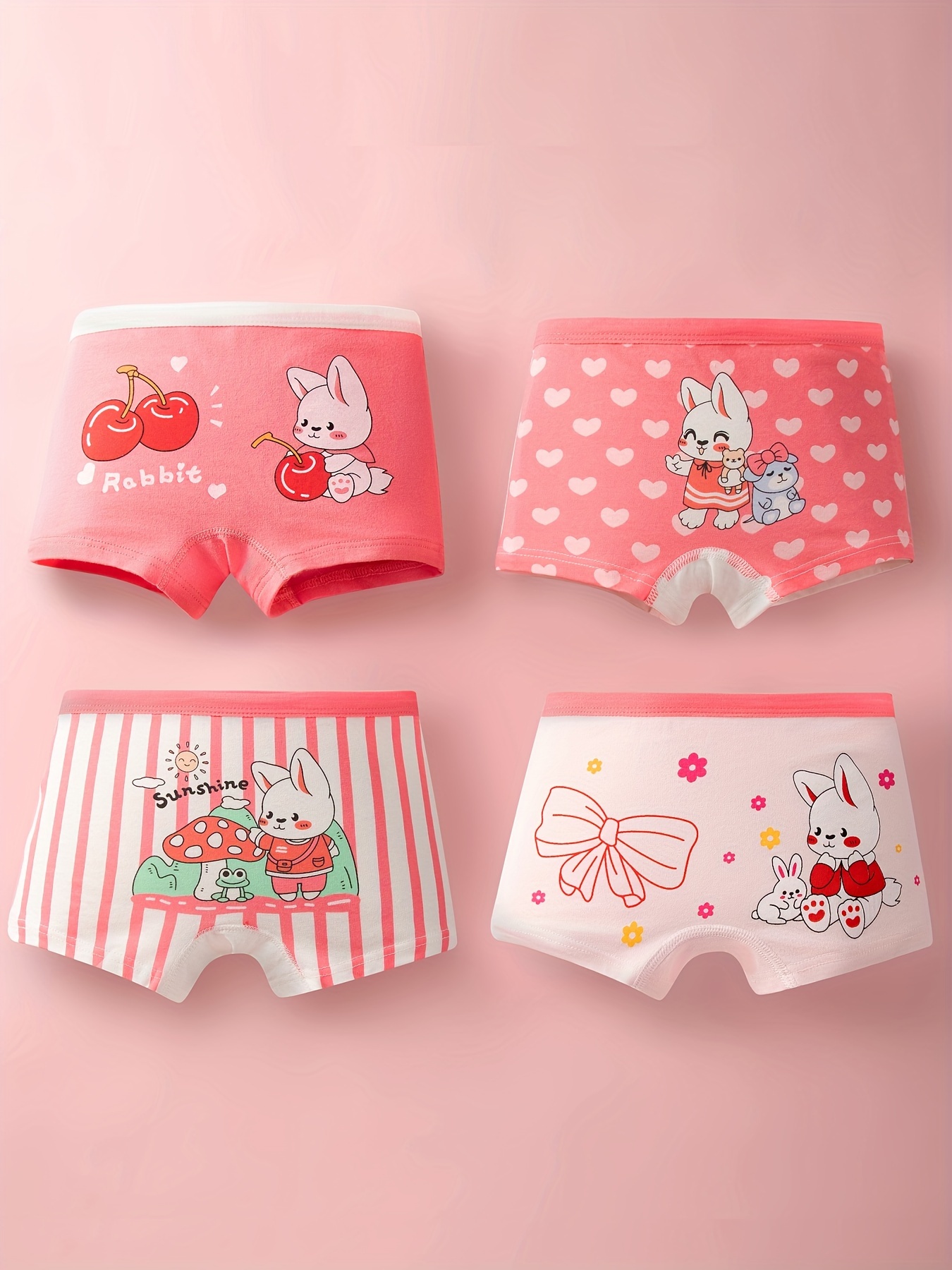 4-Pack Girls' Cute Korean-Style Cherry Bunny Underwear Shorts Soft  Breathable Pink Cartoon Rabbit Strawberry Boxer Briefs with Heart  Patterns - Main Image