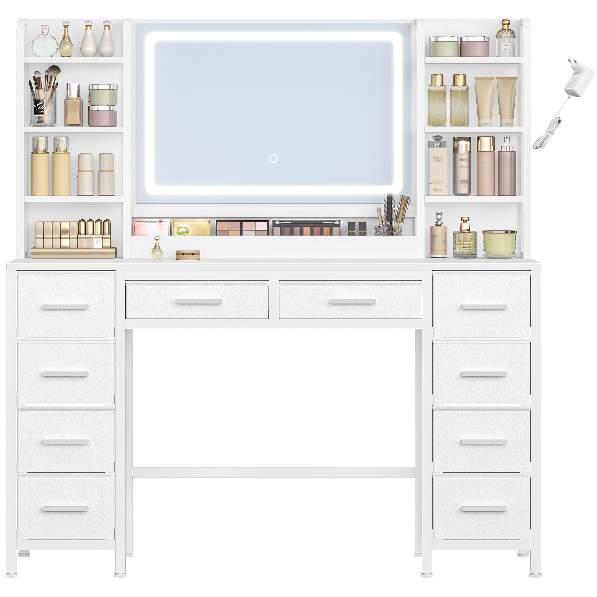 134.5cm Dressing Table, Vanity Table With Mirror, Dressing Table With 10 Drawers And 8 Open Shelves, Storage Space In Front Of , White