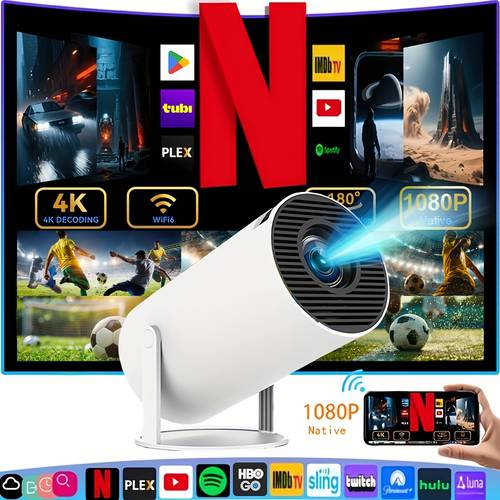 projecteur intelligent, décodeur 1080p full hd 4k, système dexploitation 11.0, wifi 6 & wireless 5.4, projecteur de film rotatif à °, en fil pour ios/ /tablette.