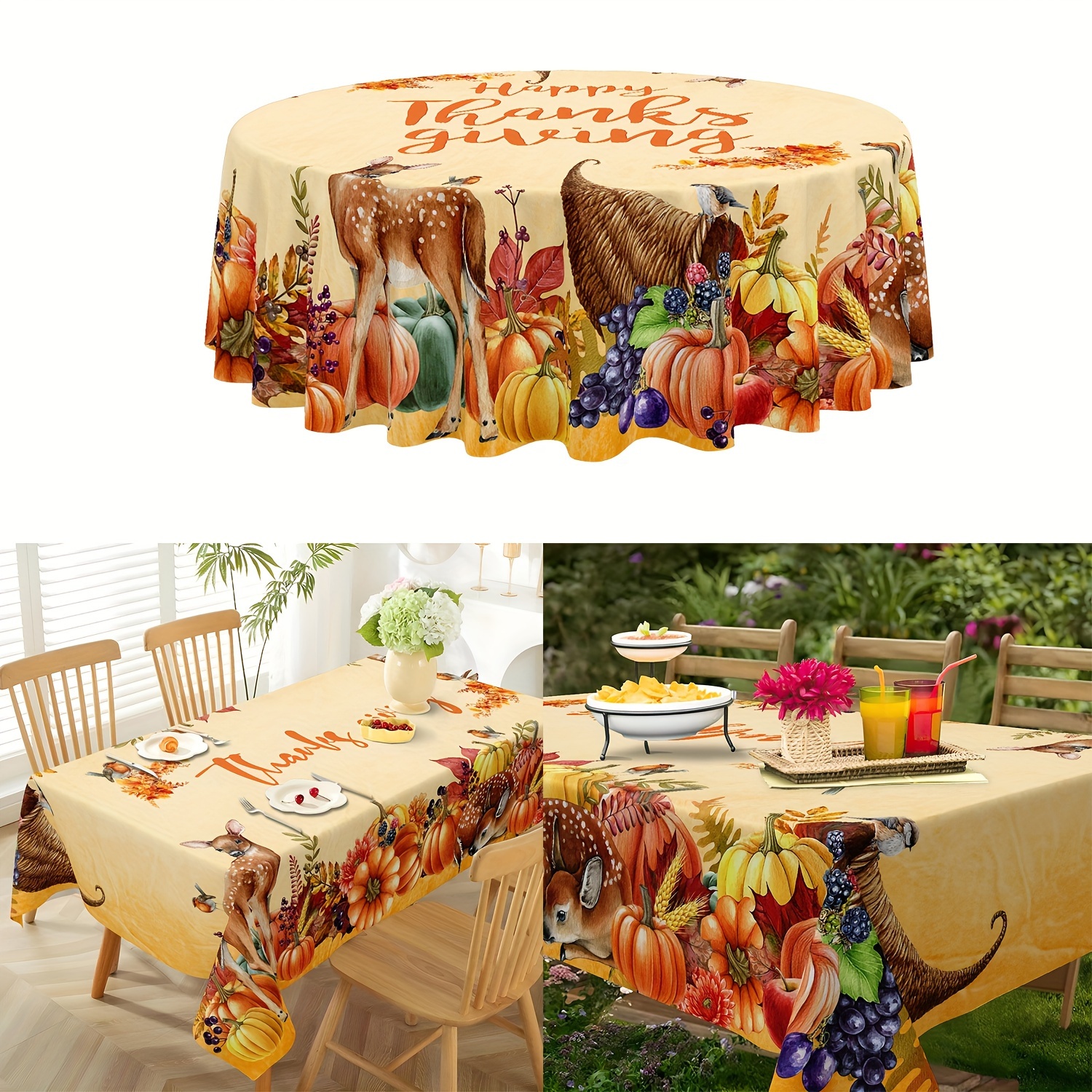 

Vintage Thanksgiving Tablecloth - With Pumpkin, Dwarf Truck & Maple Design | Polyester, Rectangular Kitchen & Dining Decor For