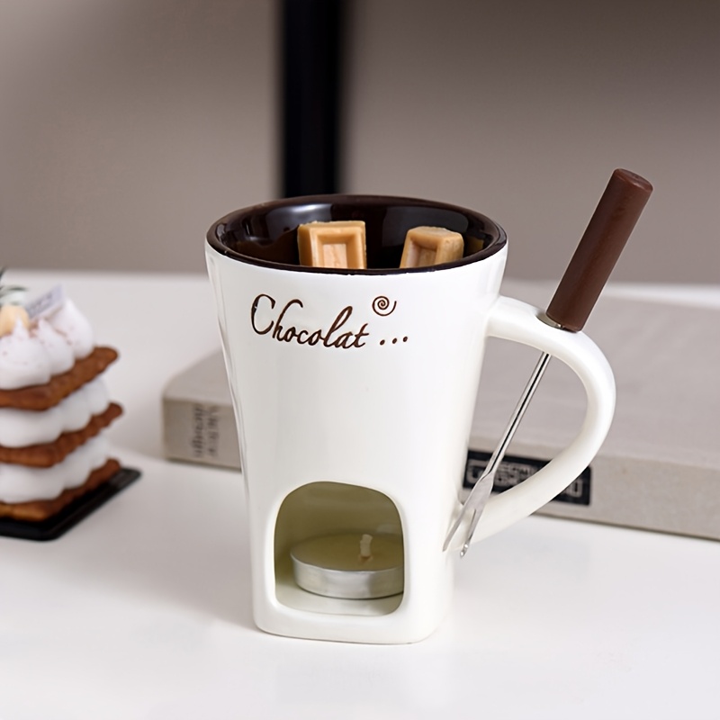 1 Set Ceramic Household Kitchen Dining Chocolate Melting Furnace Cheese Heating Cup Chocolate With Fork, Chocolate Pot, Suitable For Outdoor, Weddings, Parties, Gifting, Birthdays
