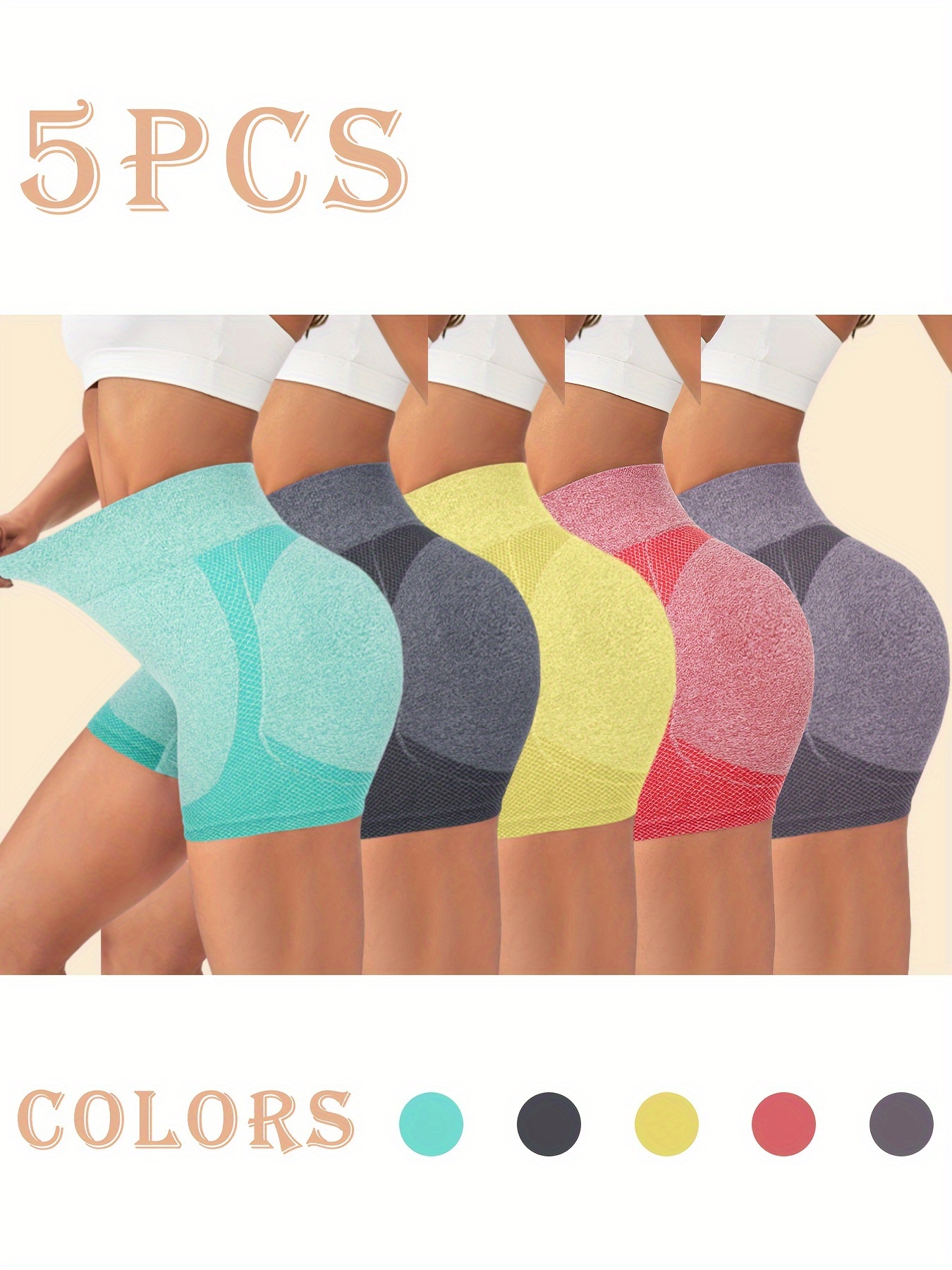 5-Pack High Waisted Hip Lifting Shorts for Women, Seamless Stretchy Leg Shaping Yoga Pants, Polyester 60%, Polyamide 30%, Elastane 10%, Medium Support, Knit Fabric, Solid Color, 245gsm - Lingerie & Underwear