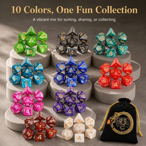 【黒い巾着袋付き】dnd 多面体サイコロセット、10個の完全なサイコロセット (70個) d4 d6 d8 d10 d% d12 d20、dnd rpg mtg テーブルゲームに最適