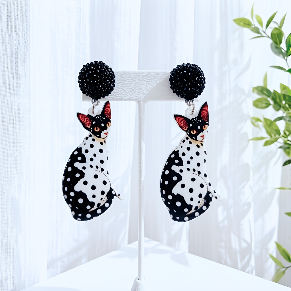 Handmade Cute Y2K Black and White Polka Dot Cat-Shaped Earrings