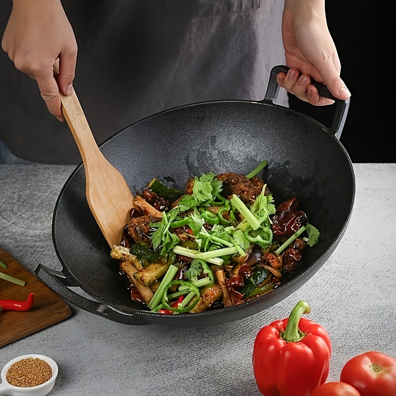 traditional cast iron wok with lid double handle   thickened chefs pan for gas induction electric stovetops details 1