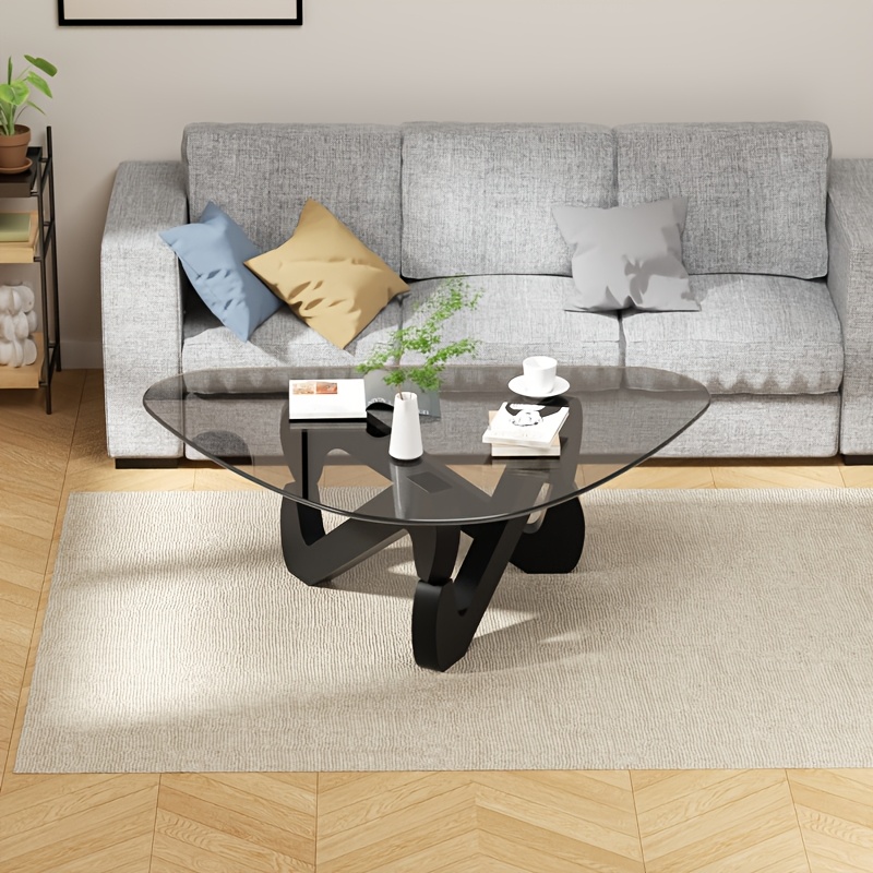 Image of Contemporary Triangular Coffee Table Featuring A Sturdy Wooden Base And A Thick Tempered Glass Surface, Suitable For Living Rooms, Receptions, And Offices, In White, Black, Or Walnut Brown