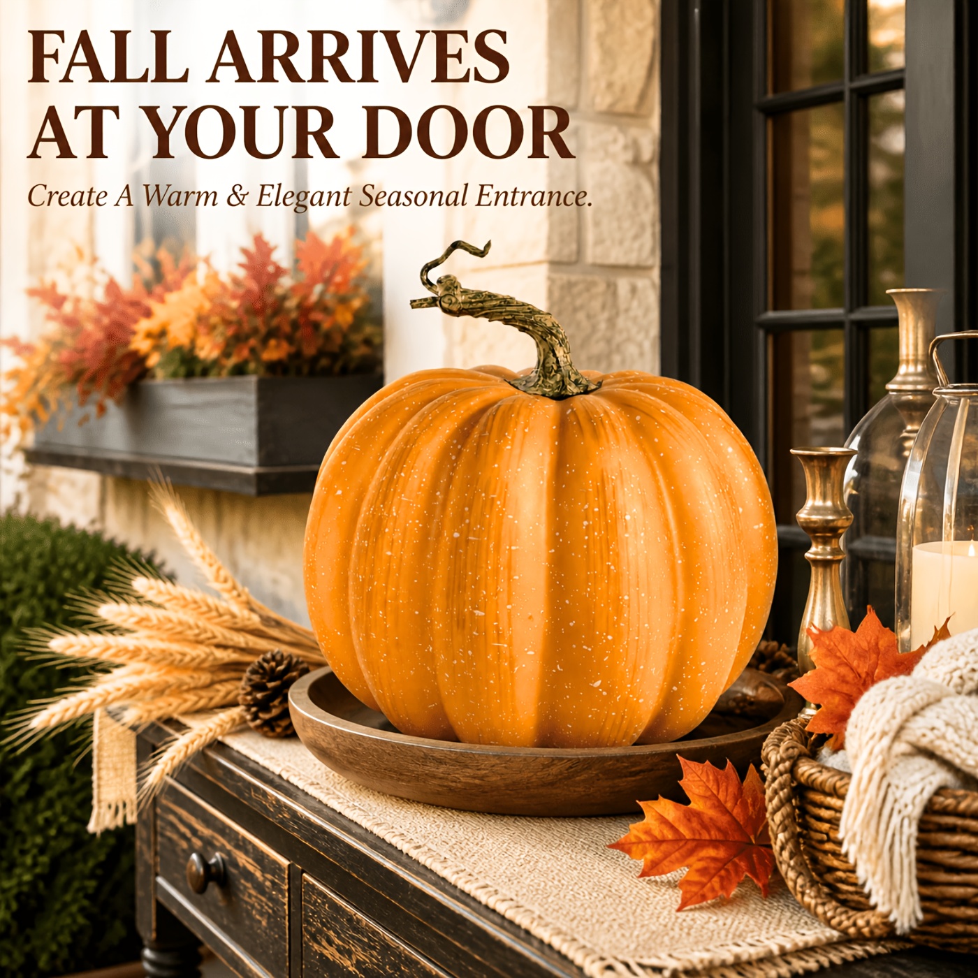 TEMU 1pc 9.05 Inch Large Orange Fall Pumpkin Decoration, Rustic Farmhouse Harvest Style, Featuring Textured Pumpkin Design And Vintage Stem Detail,