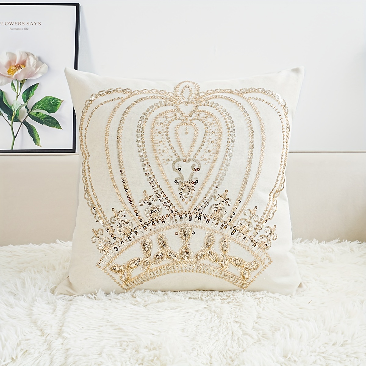 Image of Crown Sequin Embroidery Pillow Cover - Versatile Home Decor, Zip Closure, Machine Washable