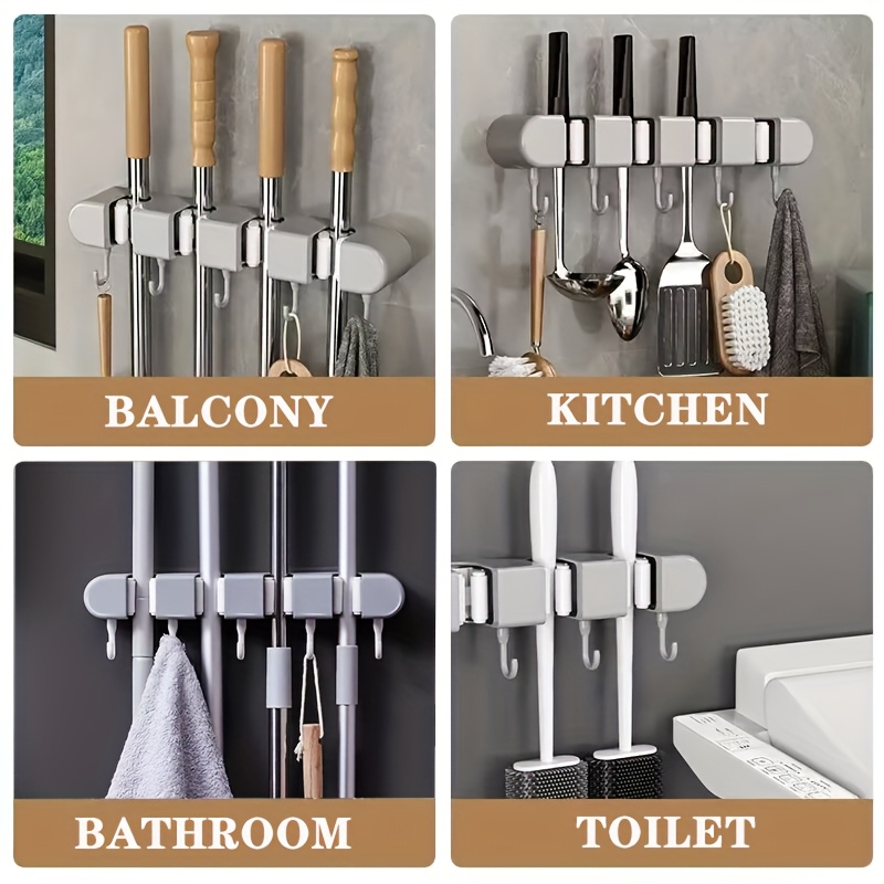 wall mounted mop and broom holder no drill   organizer with flexible silicone clips multi use plastic storage rack for bathroom   saving   sleek gray   cleaning tool holder   durable plastic rack details 3