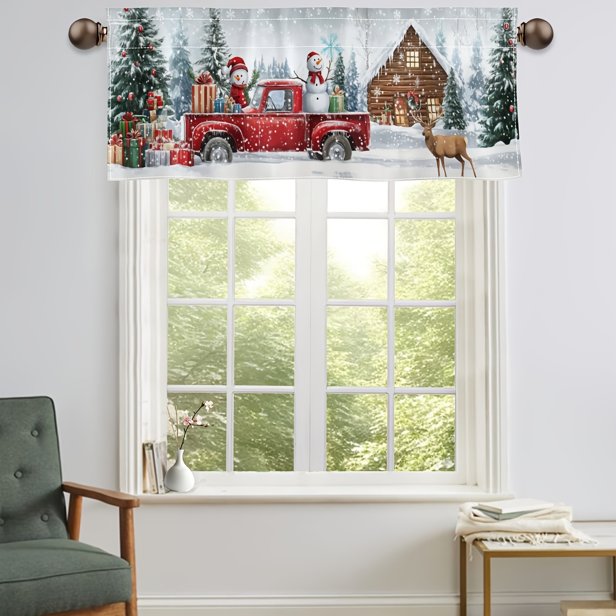 

Merry Christmas Kitchen Valance Curtain - Snowman, Truck & Elk Design With Tree And Snowflakes, Rod Pocket For Easy Hanging, Living Room, Bedroom, Office Decor, Gift Pickup, Modern, Home Decor