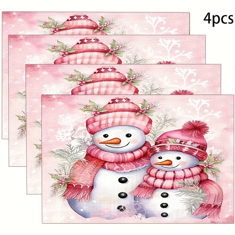 

Christmas-themed Linen Placemats 4-piece Set - Machine Washable, Plaid Pattern With Snowman, Woven Polyester, Heat-resistant For Holiday Dining & Kitchen Decor