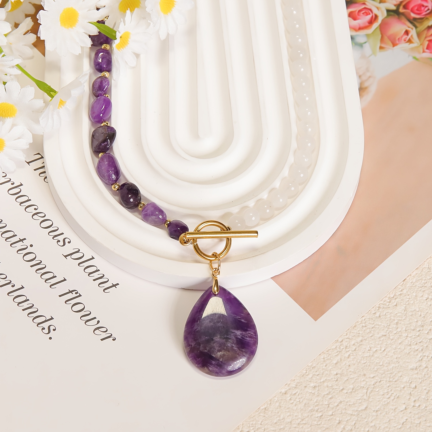 TEMU 1pc Bohemian Handmade Natural Stone Necklace, Irregular Amethyst With White Round Stone Beads, Teardrop Amethyst Pendant With Golden Ot Clasp
