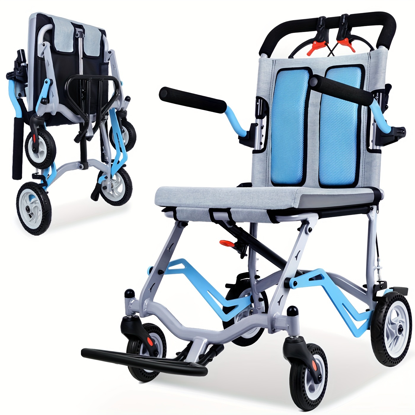 Super Lightweight (Only 8.62KG) Portable Transport Travel Wheelchair | Folding Transit Wheelchairs for Adults and Seniors Support 99.79KG, Lightweight Aluminum Wheelchair for Elderly Blue by MUJOCOOKER - Image 6