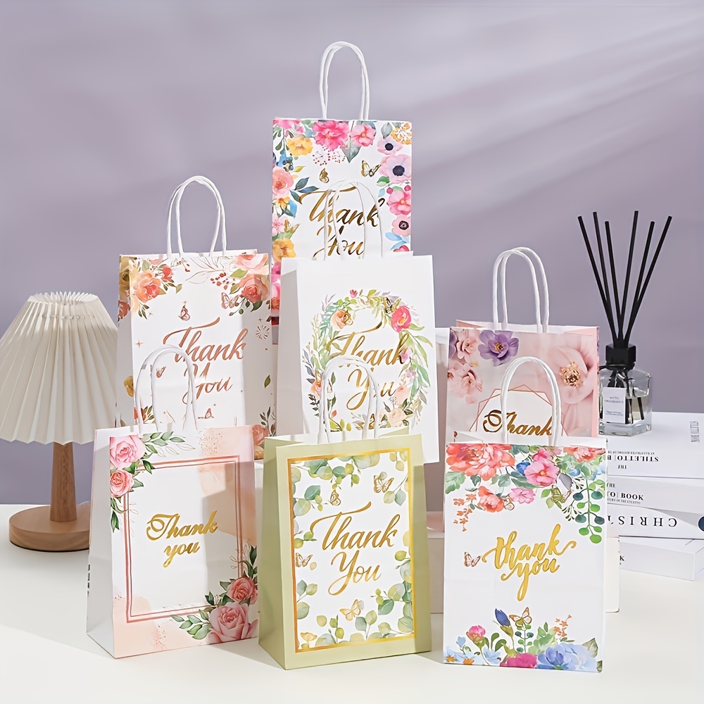 

14pcs Floral Thank You Gift Bags With 7 Unique Designs (2pcs Of Each) - Kraft Paper Treat Bags Perfect For Weddings, Birthdays, Parties - Candy, Cookie Packaging Bags