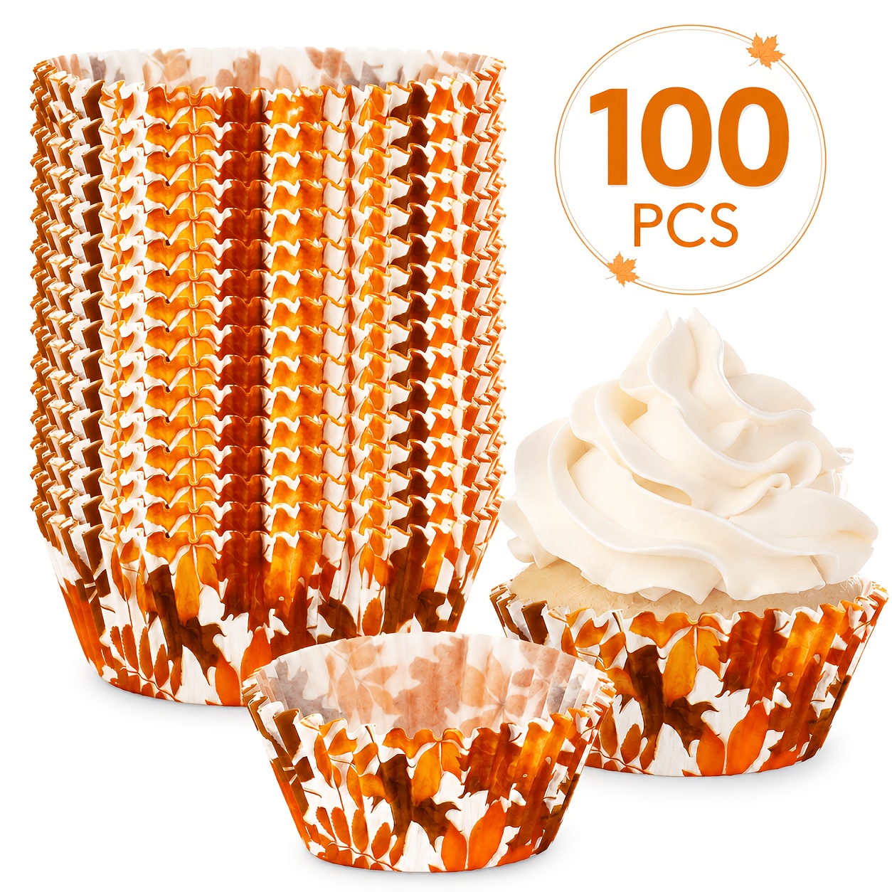 TEMU Lot de 100 caissettes à cupcakes d'automne, moules à pâtisserie en papier aquarelle avec feuille d'érable orange, emballages à muffins à imprimé