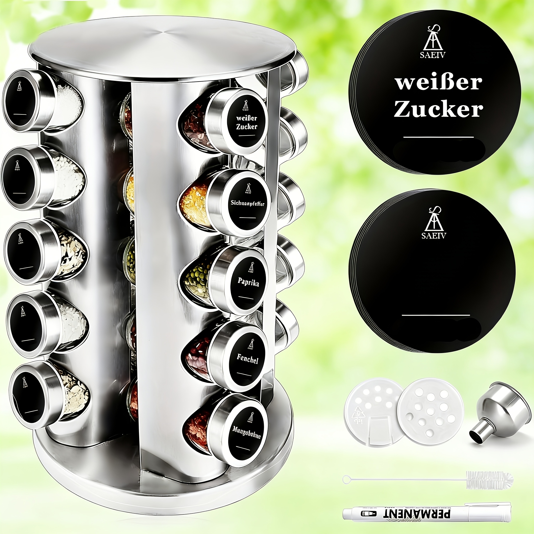 1pc 360° Rotation Spice Rack Upright | 20 100ml Spice Jars | Spice Turntable Organiser | Five-layer Spice Racks Rotatable | Labels | Kitchen Shelf | Spice Storage
