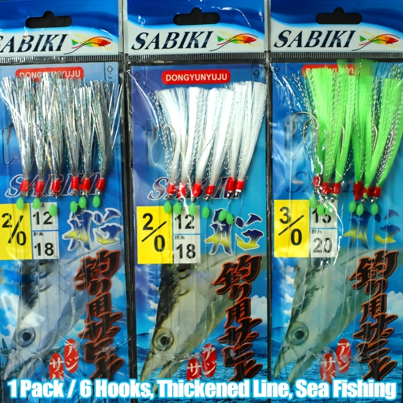 1Pack/6stk Sabiki forhåndsmonterte kroker med skarp karbonstål krok 2/0, 3/0, 4/0, tykkere linje, havfiske, ideell for å fange makrell, sild, blekksprut, havabbor - Høy kapasitet klar til bruk utstyr for saltvannsfiskere, perfekt gave
