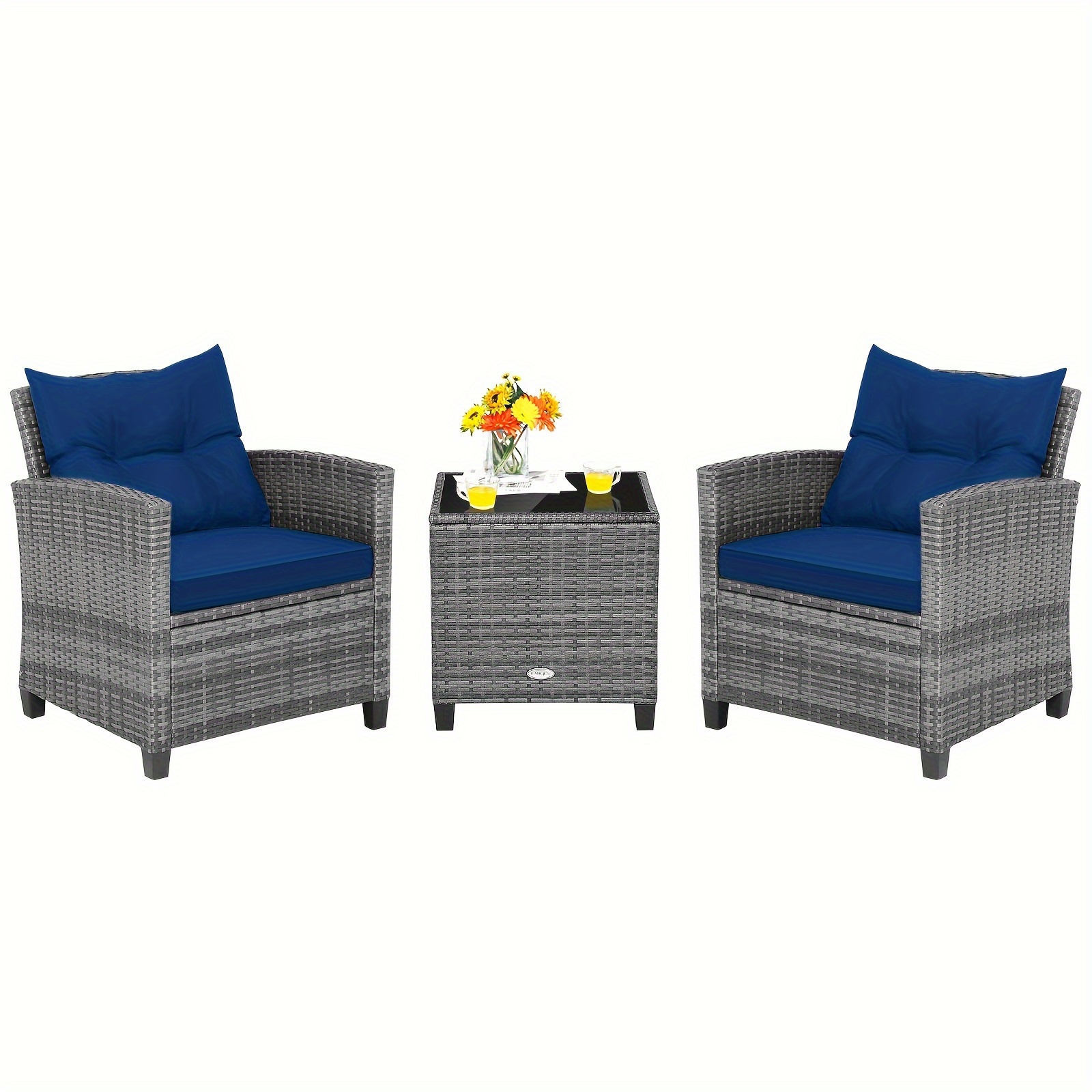 

3pcs Patio Rattan Furniture Bistro Set Cushioned Sofas Side Table Armrest - Navy