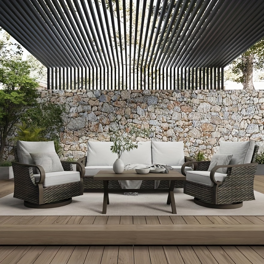 4pcs frame wicker patio furniture set with cushioned swivel rocking   table weather indoor outdoor sofa suitable for deck poolside for celebrations woodgrain   frame assembly Product details 1