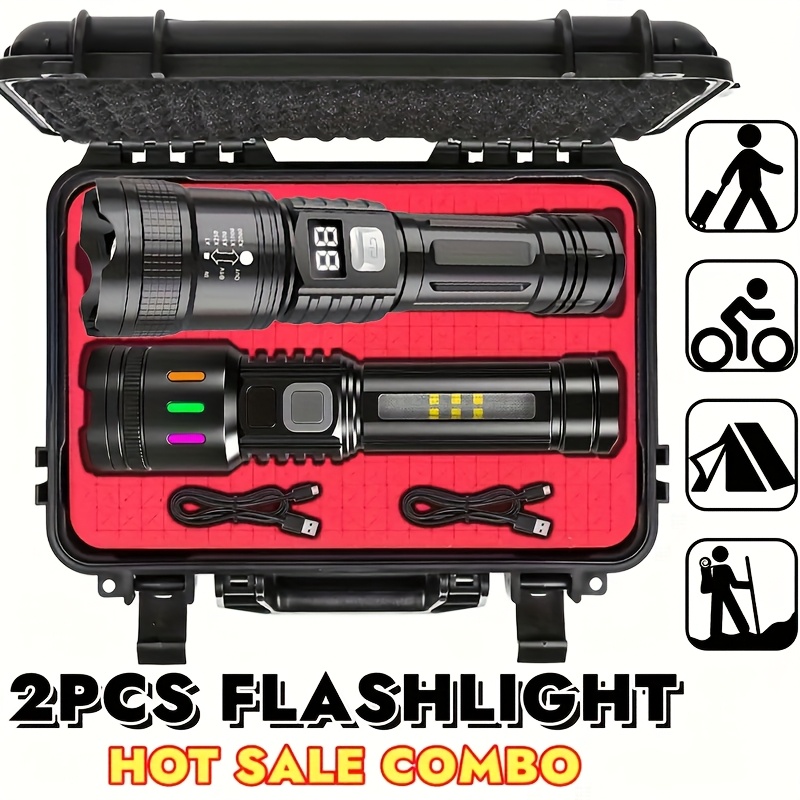 set of 2   rechargeable led torches featuring a smart lcd screen   1000   with adjustable focus and   settings   a 18650 lithium battery and supports type c fast charging