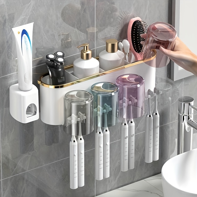IHave Portaspazzolino Da Parete Con Dispenser Dentifricio E 3 Tazze - Accessorio Bagno Multifunzione, Installazione Adesiva Senza Fori