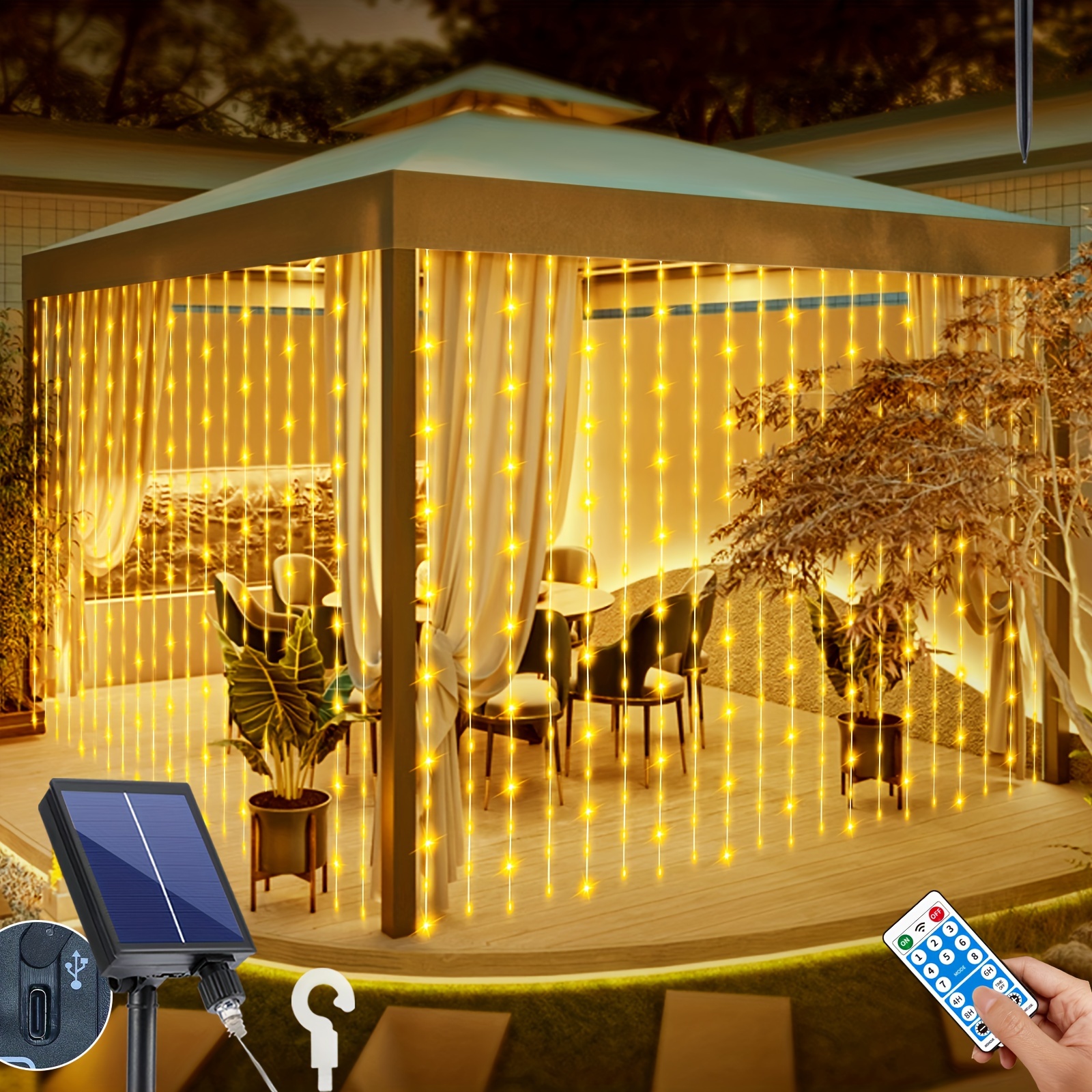 

Solar Curtain Lights Outdoor 600 Led Waterfall Fairy String Lights With 8 Remote Type C Charging Dimmable Timer Light For Christmas Gazebo Party Wedding Pergola