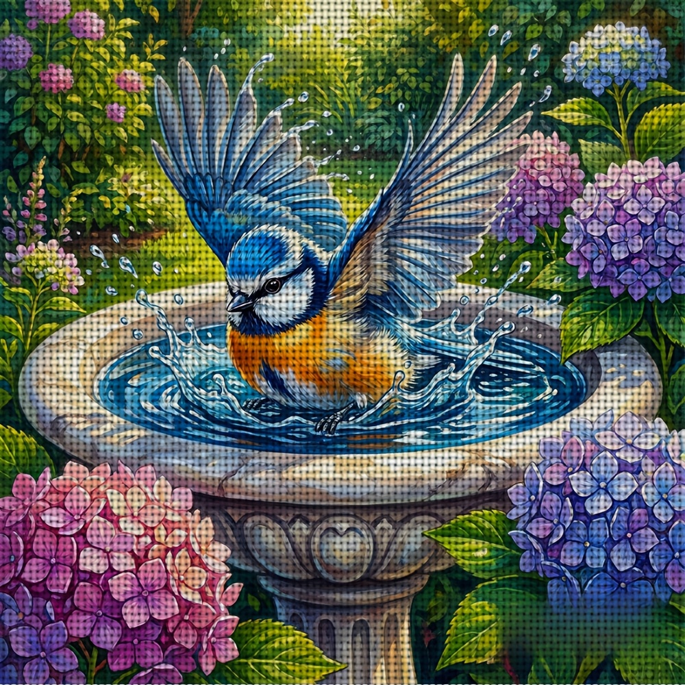 New Frameless Cross-stitch Printed Kit, Blue Bird in Bathtub