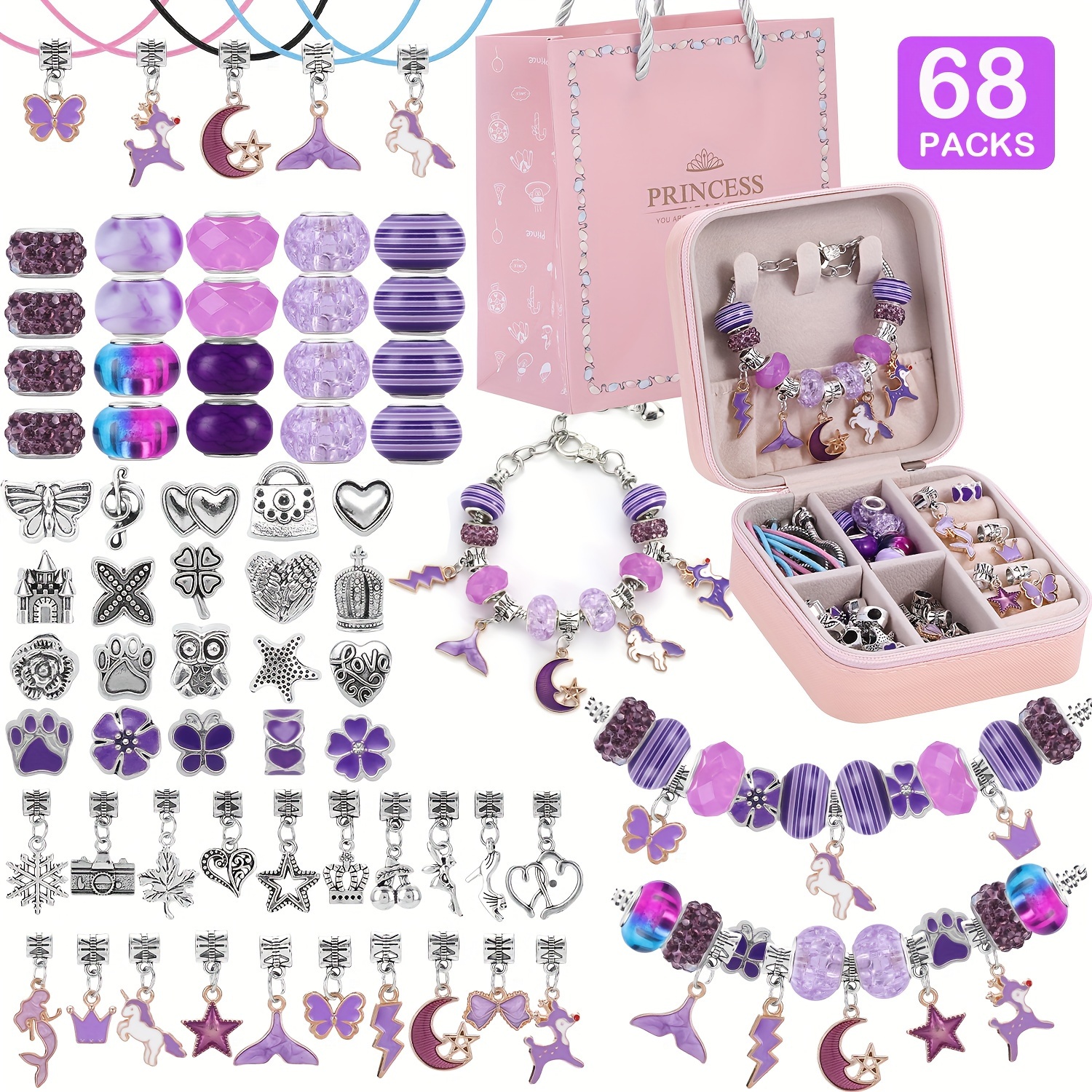 

68pcs Violet Bead & Charm Bracelet Making Kit - Craft Set With Unicorn, Mermaid, & Star Charms - Includes Portable Organizer Box - Birthday & Christmas Gifts,