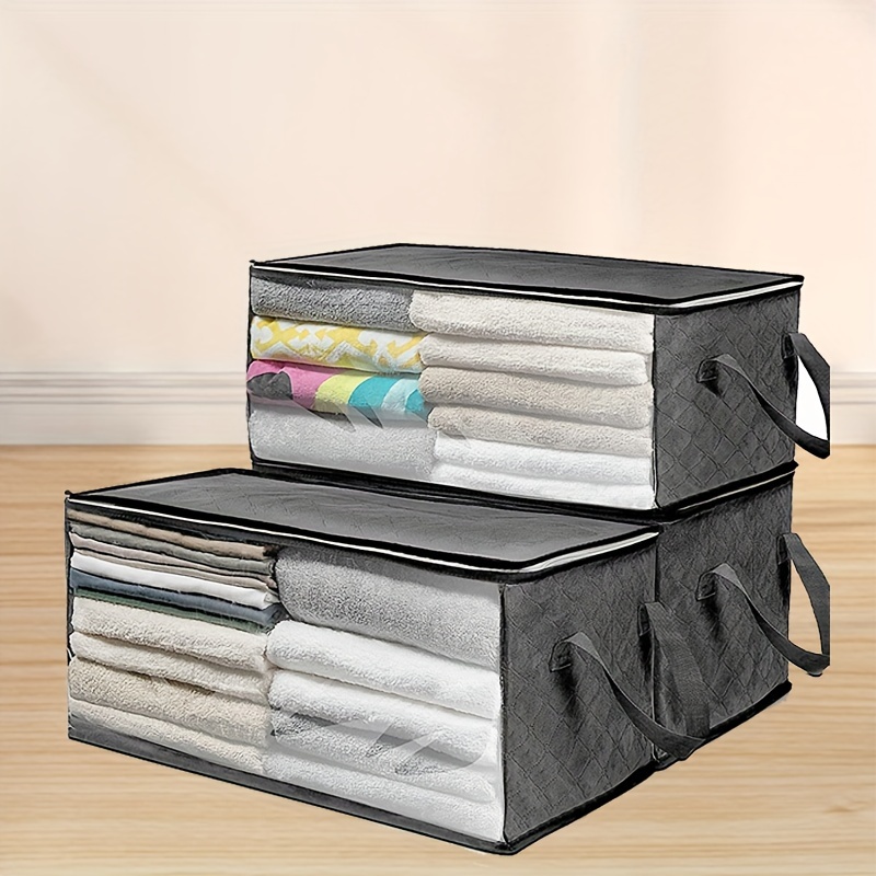 

54l Storage 3-pack Clothes Organizer Storage Bags Foldable Storage Box With Large Clear Window Sturdy Handles For Closet, Dorm, Pillows, Bedding, Clothes, Stuffed Toys, Blankets, Grey