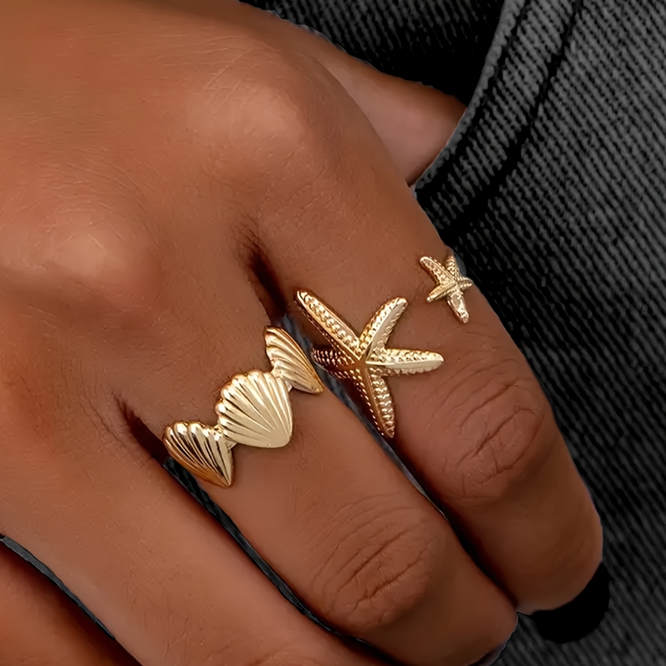 2pcs 3D Starfish & Shell Vintage Style Adjustable Ring Set