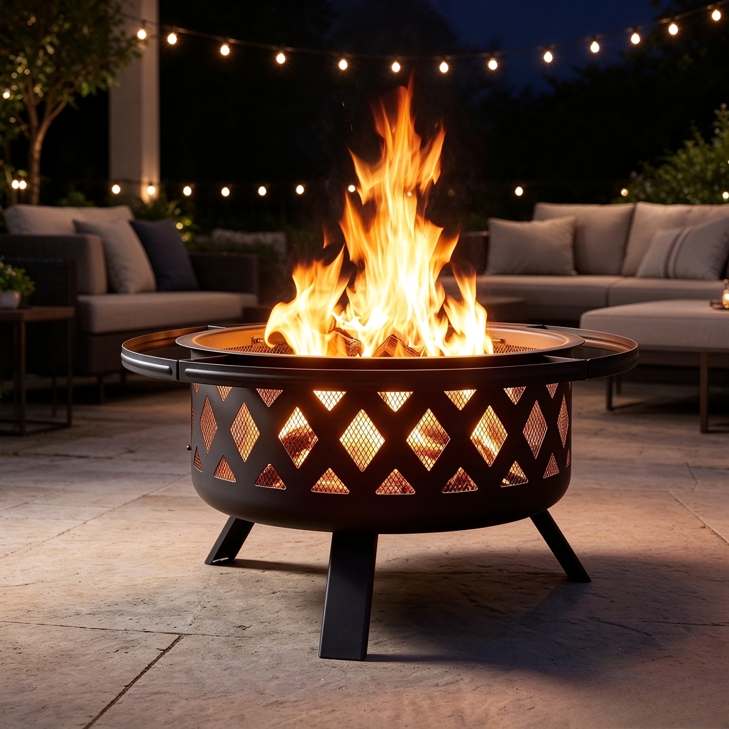 Image of Outdoor Fire Pit, Large Metal Fire Pit With Mesh Screen & Ash Pan, Backyard Patio Wood Burning Fireplace For