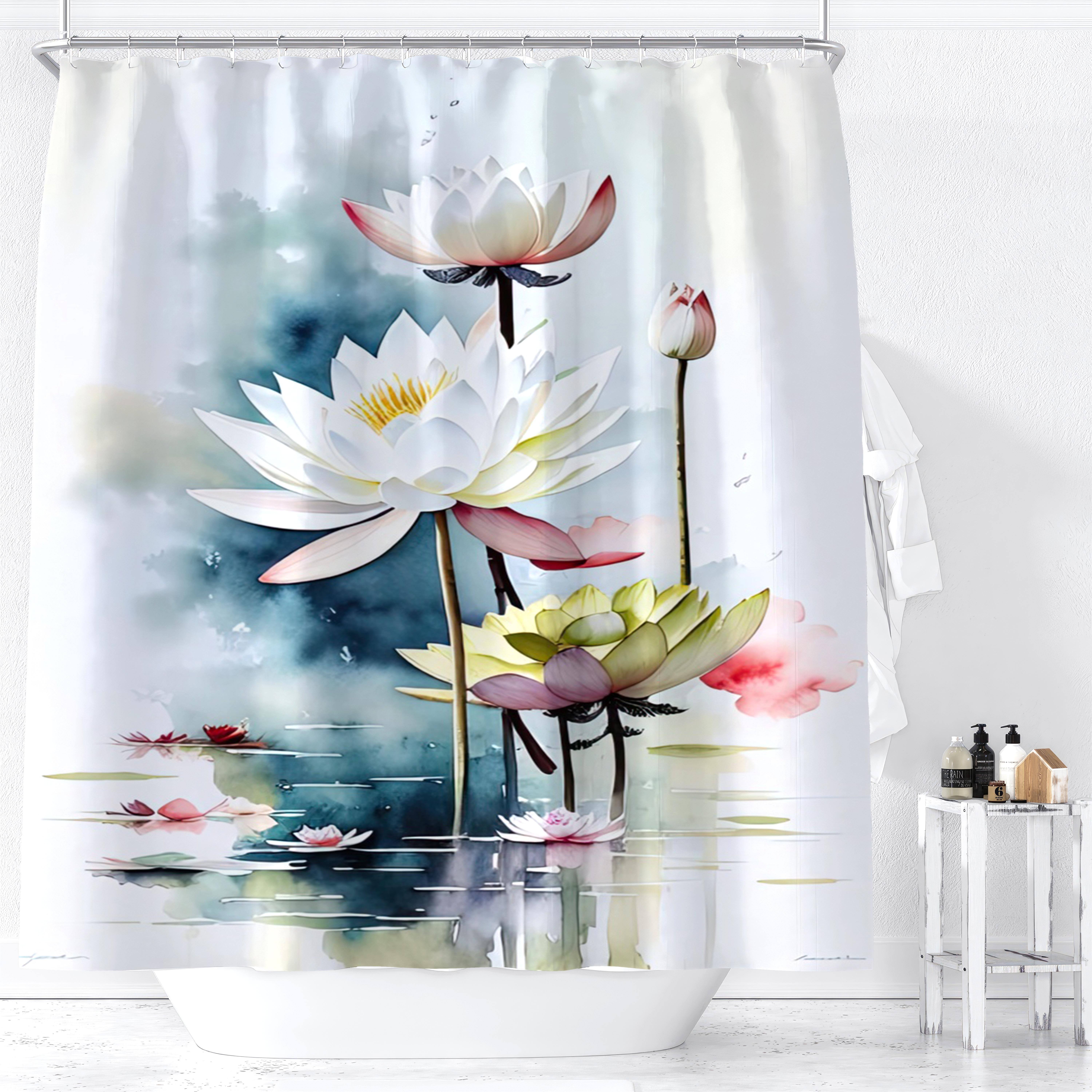 

1 rideau de douche imprimé numériquement avec motif floral de lotus de style chinois, décor de salle de bain imperméable avec crochets