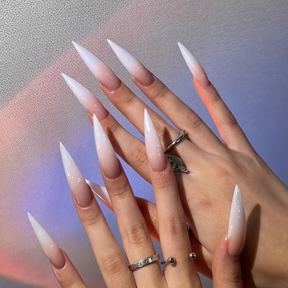 

Monina 24pcs Press-on Nails Set, Long Stiletto Teardrop Shape, White Gradient , Fashionable French Style False Nail Tips, Easy Application, Chic Nail Art