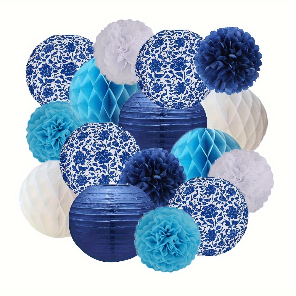 

Porcelain Pattern Paper Lanterns And Pom Poms Set - Chinese Style Hanging Decorations For Weddings, Birthdays, Anniversaries - Party Supplies Kit For - Non-electric Paper Decor For